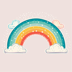 Colorful rainbow illustration with clouds and a pastel background, whimsical and cheerful.