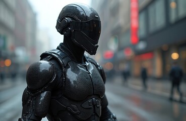 Futuristic soldier in black tactical armor stands on wet city street. Advanced protection suit with helmet visor suggests urban combat. Sci-fi warrior gears up for future warfare.