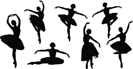 Silhouettes of ballerinas in various dance poses with tutus ballet © Ambia Art