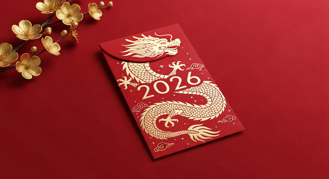 Red envelope with golden dragon and "2026" year, lying on red surface. Representative of chinese new year celebration, festivity, wealth and prosperity