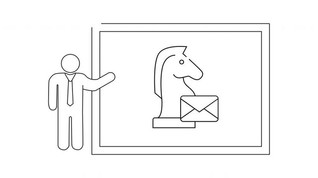 A person presenting a chess horse icon with an email envelope on a whiteboard