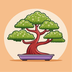 Stylized bonsai tree with green foliage and a red trunk in a purple pot.