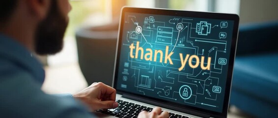 Person interacts with laptop screen displaying thank you, as digital graphics animate softly; camera gently pans across modern office setting in a cinematic style. - Powered by Adobe