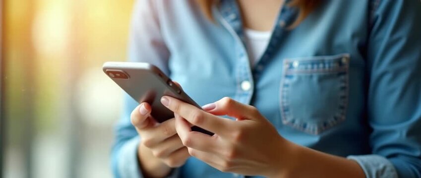 Focused woman using smartphone in casual setting as soft sunlight filters through window; camera gently pans right in a cinematic style while ambient light softly flickers.