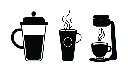 Obraz premium Three different coffee drinks and a coffee maker are shown.