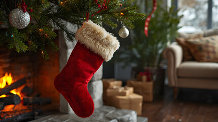 A cozy Christmas stocking hangs from a decorated tree near a glowing fireplace in a warm winter setting.