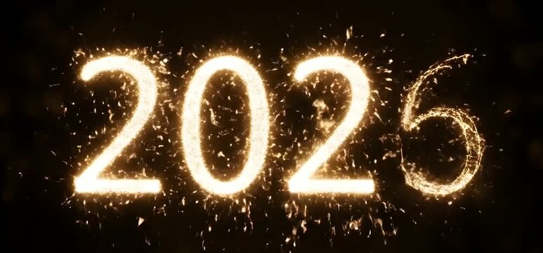 2026 year text reveal written by a burning golden sparkler against a dark background, perfect for a New Year's Eve countdown or holiday video opener