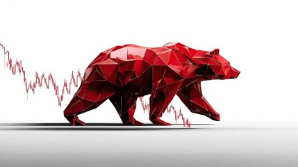 Bear Market Silhouette: A striking red geometric bear strides purposefully against a backdrop of a downward trending stock chart. A powerful visual representing the downturn and decline in market