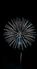 Fireworks with white and blue radial light streaks on black backdrop, creating a starburst-like shape, representing celebration, festivity, or a grand display