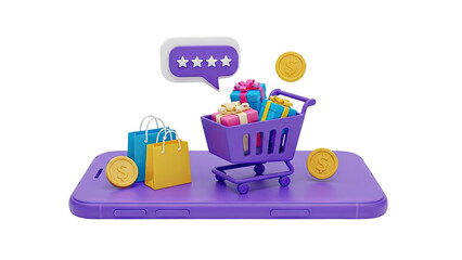3D Online shopping cart with gifts and shopping bags on a smartphone on transparent background