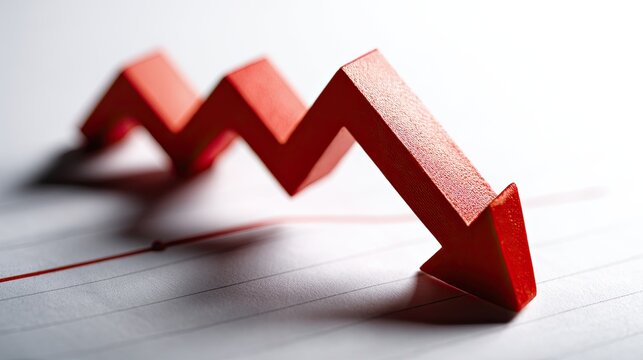 Downward trend: A stark red arrow points downwards, symbolizing decline or regression. it's ideal for illustrating concepts of financial downturn, falling sales, or negative trends.