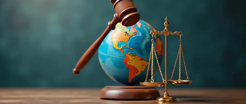 World with wooden gavel golden scale symbolizing international environmental law corporate business industry regulation sustainable environment concepts. concept as World globe with wooden gavel and g