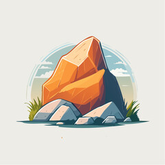 Cartoon illustration of a large orange rock formation with smaller rocks at its base, set against a stylized sky.