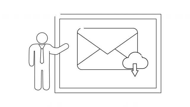 A presenter next to a board with an email symbol and a cloud download icon