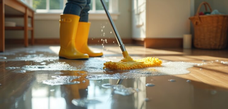 Person in yellow boots mops waterlogged kitchen floor. Sunlight streams in, reflecting soapy bubbles and cleaning tool on wood surface. Home cleanup after spill or leak.