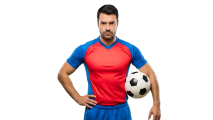 A confident soccer player standing with a ball on transparent background