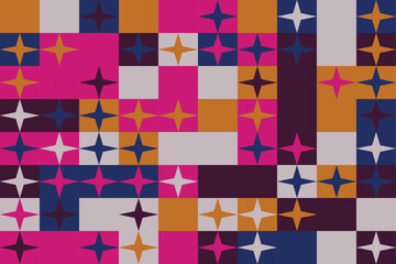 Vibrant geometric pattern with colorful squares and star shapes in pink, blue, and orange hues