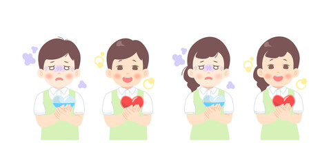 メンタルの不調、心が疲れてツラそうにする介護士・ケアワーカーの変化のイラスト