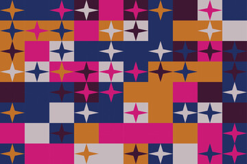 Vibrant geometric pattern with colorful squares and stars