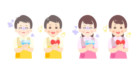 心の疲れ、ストレスに苦しむ保育士（男性・女性）の変化・ビフォーアフターのイラスト