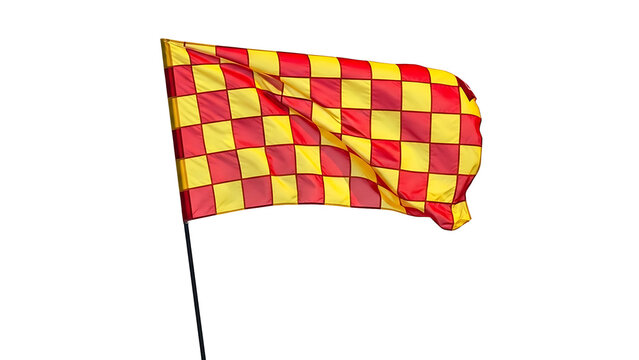 A red and yellow checkered flag waving on a black background on transparent background