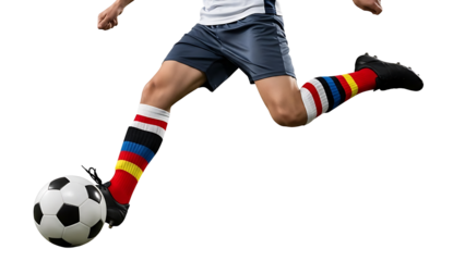 A soccer player kicking a ball on transparent background
