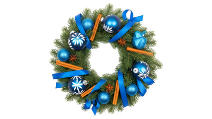 Beautiful christmas wreath with blue ornaments and ribbons