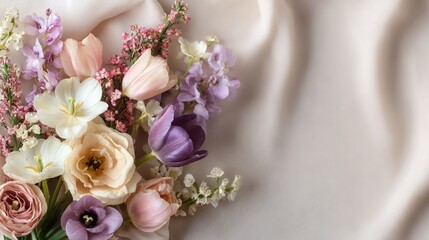 A bouquet of assorted flowers including roses, tulips, and orchids arranged on a soft, neutral fabric background.
