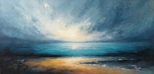 Fototapeta premium Abstract seascape with textured impasto technique. Wide ocean expanse under dramatic cloudy sky. Sandy shore features rich ochre and dark tones. Sunlight breaks through.