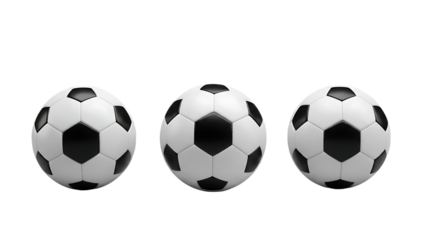 Three white and black soccer balls on transparent background