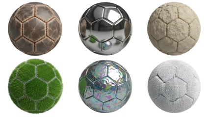 A collection of six soccer balls with different textures on transparent background