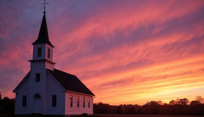 White country church at vibrant sunset with dramatic pink orange sky. Steeple with cross stands tall against clouds. Rural building evokes peace faith.