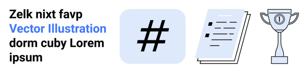 Obraz premium metadata tag icon, document with text, and trophy as symbols for engagement, content creation, success, and rewards. Ideal for marketing, business, education social platforms communication