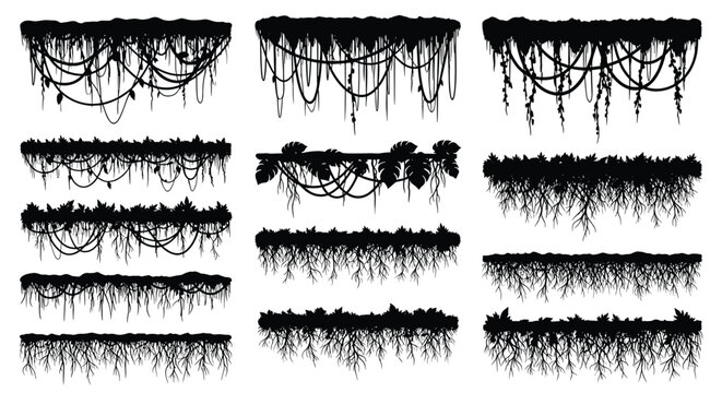 Various black silhouettes of hanging jungle vines and tropical liana plants create a dense forest foliage border effect for design.