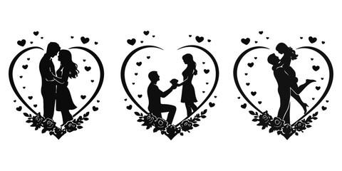 Romantic Couple Silhouette Set with Heart Shape Proposal Kiss and Love Moments Isolated on Transparent Background