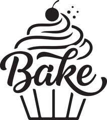 Charming black and white cupcake 'bake' typography logo with cherry and sprinkles