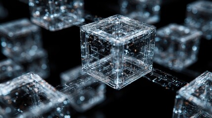 Abstract 3D network of crystal cubes on a dark background