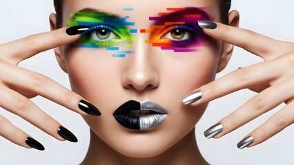 Striking Modern Beauty Portrait Featuring Vibrant Glitch Art Eye Makeup and Bold Contrasting Two-Tone Lips and Nails, Showcasing Artistic Expression