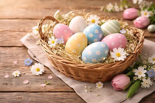 Easter eggs in woven basket on wooden background, rustic spring style - Powered by Adobe