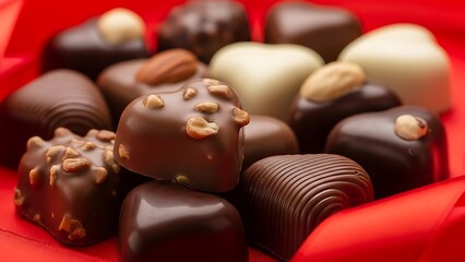 assorted chocolates with nuts on red background