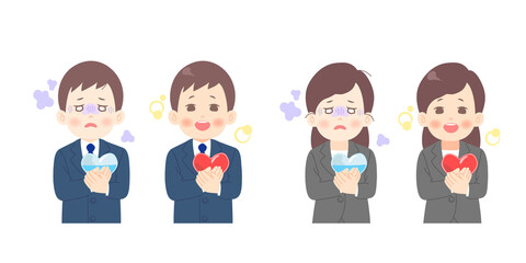 メンタルヘルスの悪化から回復したビジネスマン（男女）の比較イメージのイラスト