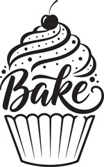 Charming monochrome cupcake illustration with elegant 'bake' typography and cherry top