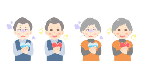 問題やストレスを抱えて苦しそうな高齢者（男性・女性）の変化イメージのイラストセット