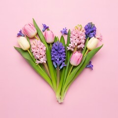 Fototapeta premium Heart Shape Arrangement Of Tulips And Hyacinths On Pink Background flowers floral arrangement