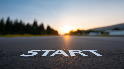 Happy start of year symbolizing new beginning, heavily defocused sunset road background, word written on asphalt, planning and challenge career path business strategy opportunity s
