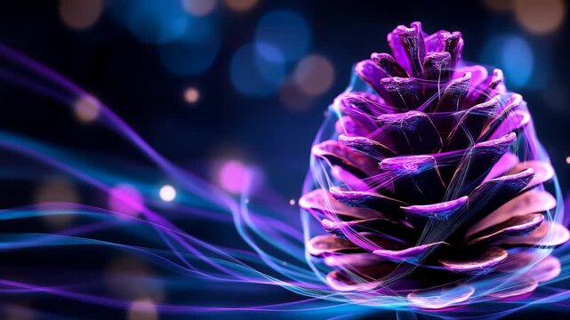 Magical Christmas pine cone with glowing neon energy. Abstract futuristic background of light waves & bokeh. Ideal for festive visuals, modern marketing, or as a fantasy concept.