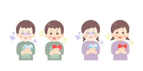 ストレスで心がすり減ってしまった男の子・女の子のビフォーアフターイラスト