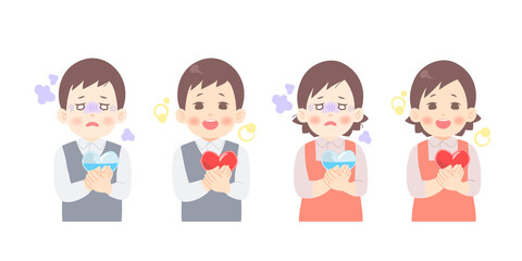 メンタルの不調、ストレス、過労でだるそうな男性・女性が回復するイメージイラスト