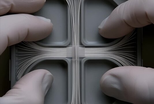 Fiber optic splice close-up: gloved technician carefully arranging and splicing optical strands inside a fiber tray for telecom network installation, clean precise work in 4K.