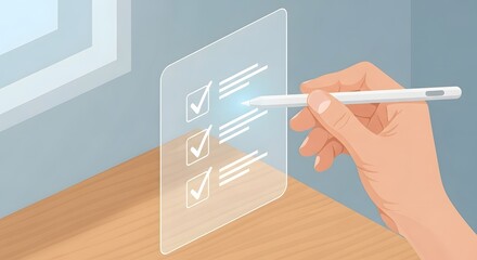 Illustration of hand using a stylus to check items on a transparent digital futuristic checklist interface floating above a desk near a window